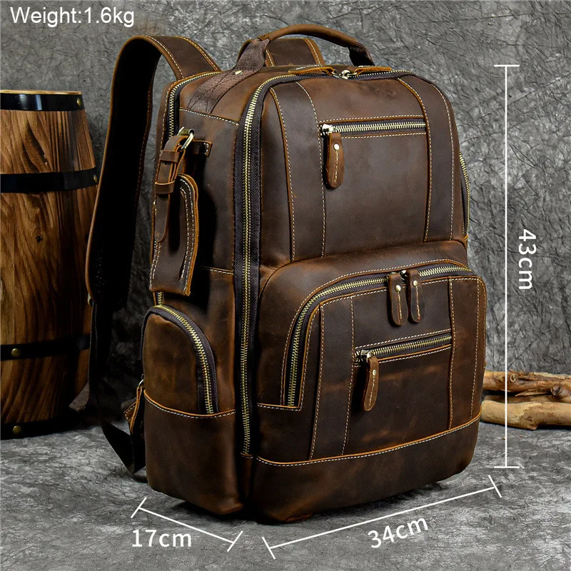 Vintage Genuine Leather Backpack Crazy Horse Daypack Travel Bag Outdoor Back Bag Luxury Fashion Waterproof Bag