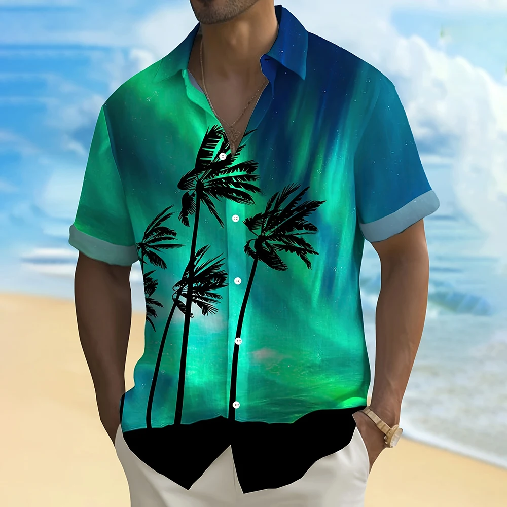 

Мужская рубашка, новинка 2024, рубашка с короткими рукавами и 3D-принтом Авроры, мужская рубашка большого размера с лацканами и пуговицами, летний уличный Повседневный Топ