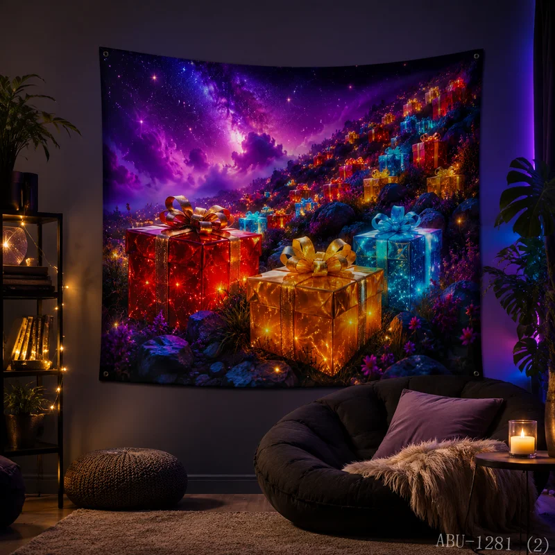 VIKAMA Dreamy Purple Tone Galaxy Mountain Wild Gift Box Flower Sea Christmas Tapestry HD Background Wall Room Decoration