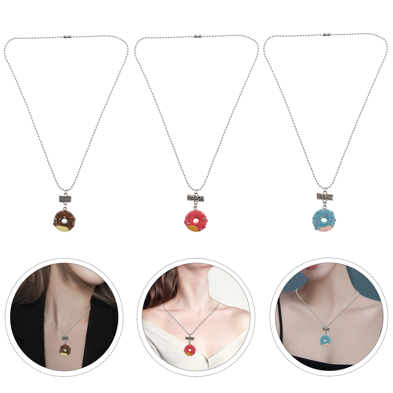 3 Pcs Necklace Alloy Necklaces Set Donut Pendant Children Kid Three-piece Dessert-themed