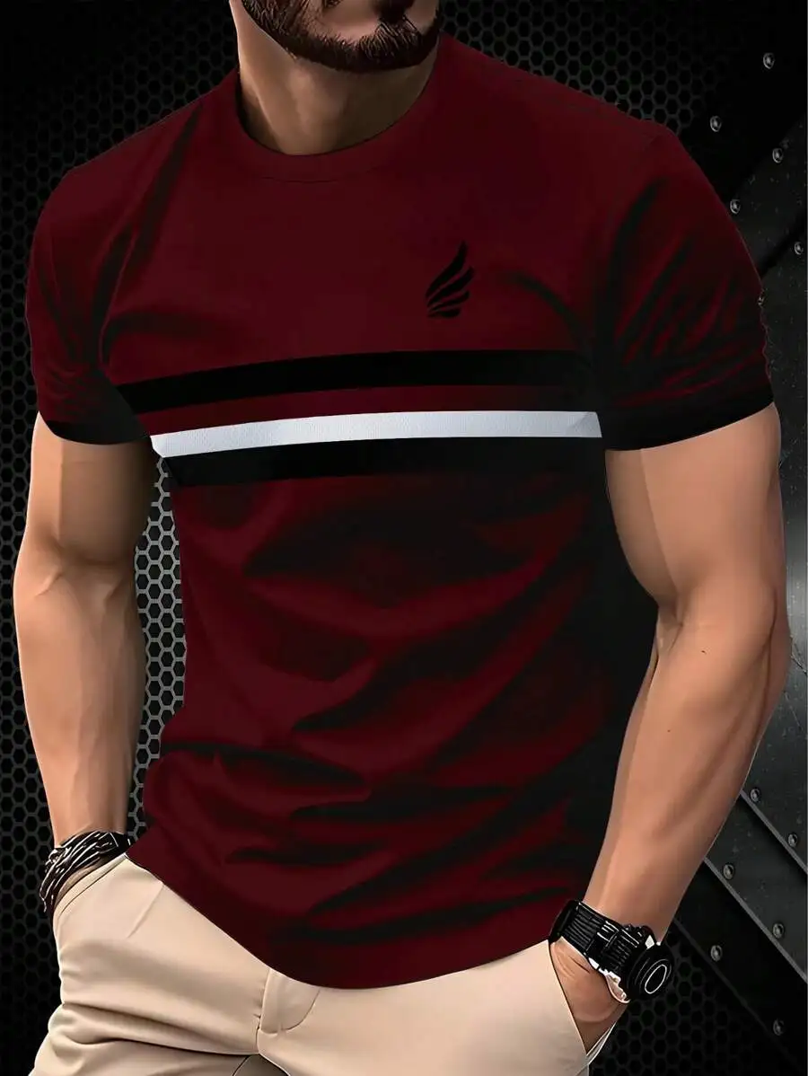 

Мужская полосатая футболка с коротким рукавом и круглым вырезом, повседневная, легкая, из полиэстера, летняя модель