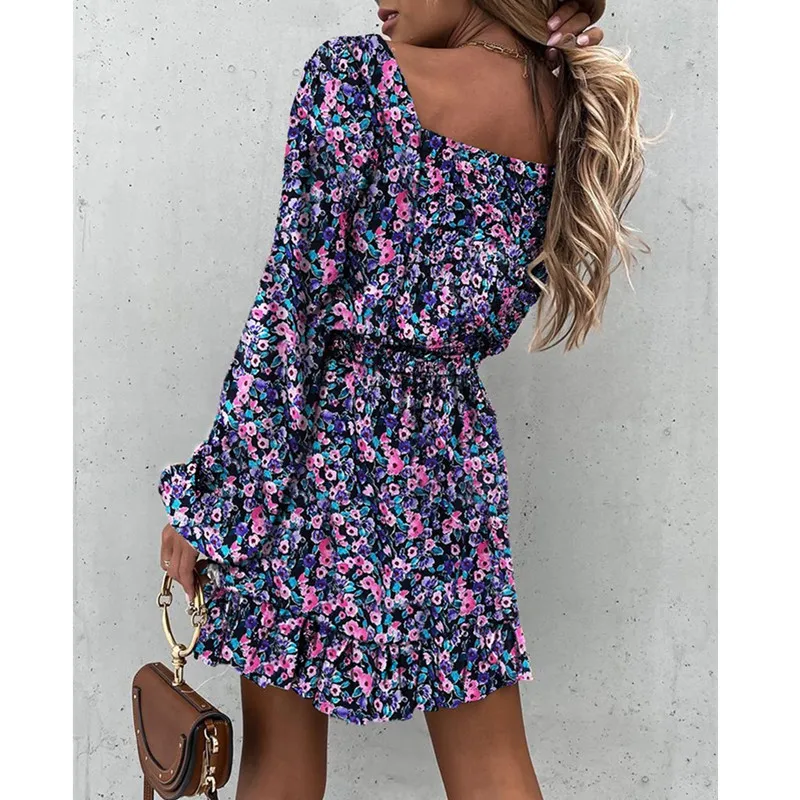 Outono manga longa gola quadrada vestido floral feminino casual plissado a linha vestidos de impressão agradável magro feminino boho mini festa