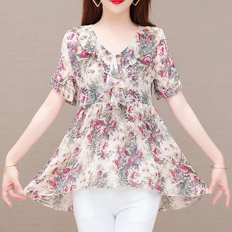 2023 New Vintage Paisley Printed Midi Blouse Summer Fashion Ruffles Spliced Women\'s Clothing Loose Elegant V-Neck Chiffon Shirt