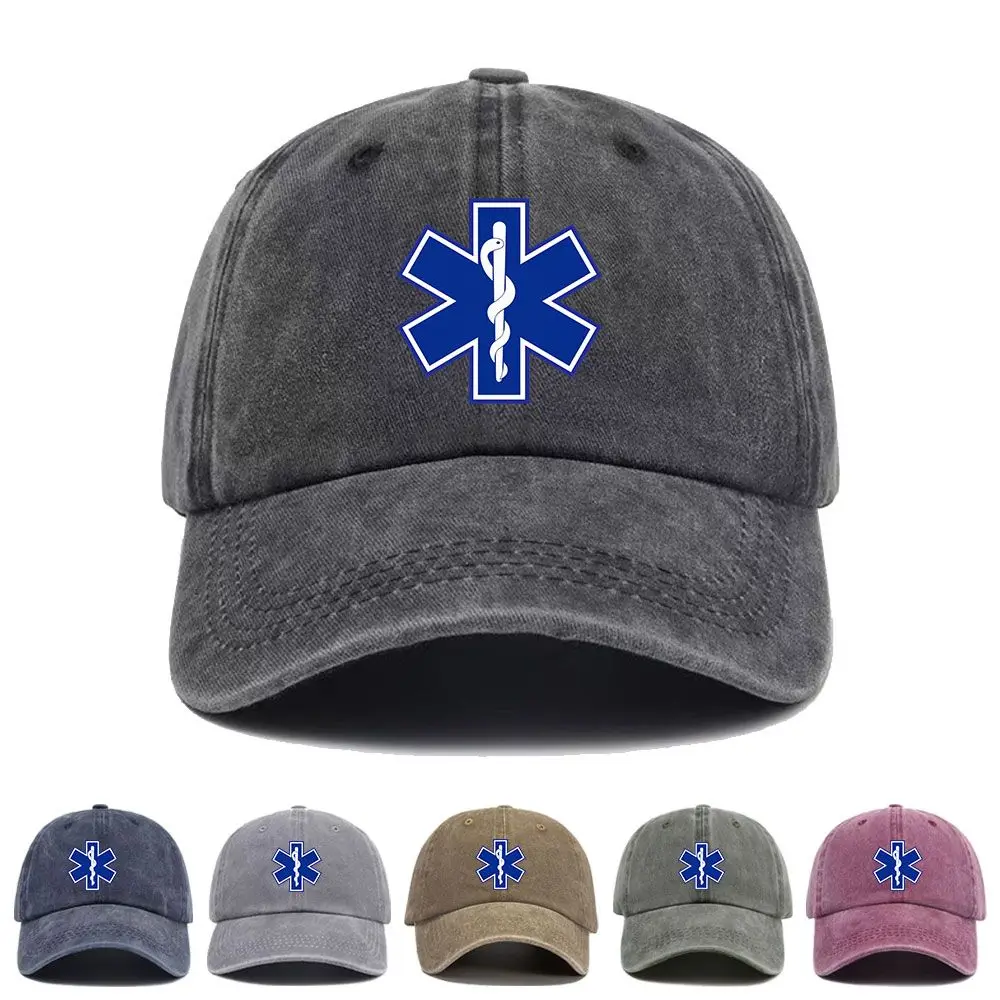 Vintage Washed Baseball Cap Star of Life Print Graphic EMT Paramedic Emergency Medicine Unisex Casual Trucker Style Cotton Hat