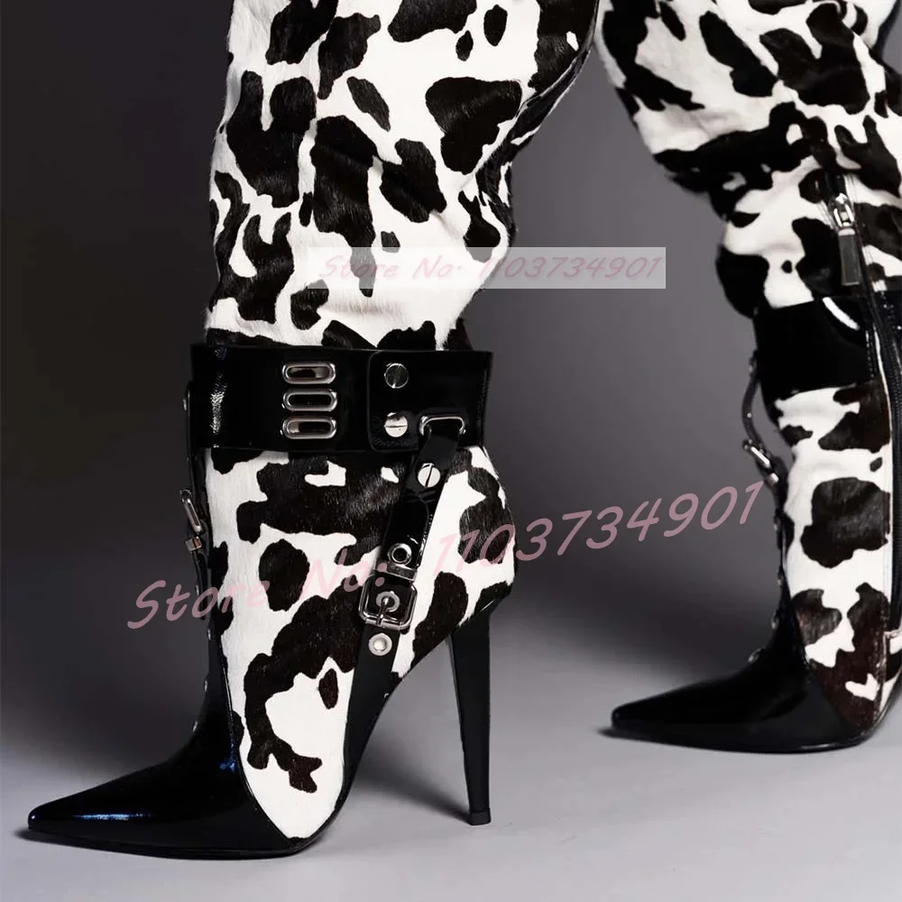 Cow Color Rivets Pointed Toe Stiletto Boots Women Fashion Zipper Belt Buckle Knee Length Boots Lady Nifty Sexy High Heels Boots