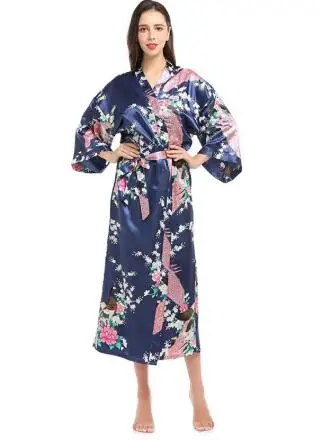 Womens Silk Satin Kimono Robes Long Sleepwear Dressing Gown Floral Peacock Printed Pattern Party Wedding Bridesmaid Bathrobe