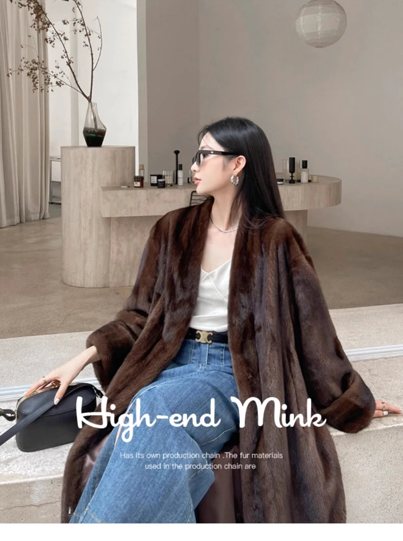 Lautaro Winter Long Vintage Elegant Luxury Chic Thick Warm Soft Brown Fluffy Faux Mink Fur Coat Women V Neck Furry Overcoat 2023