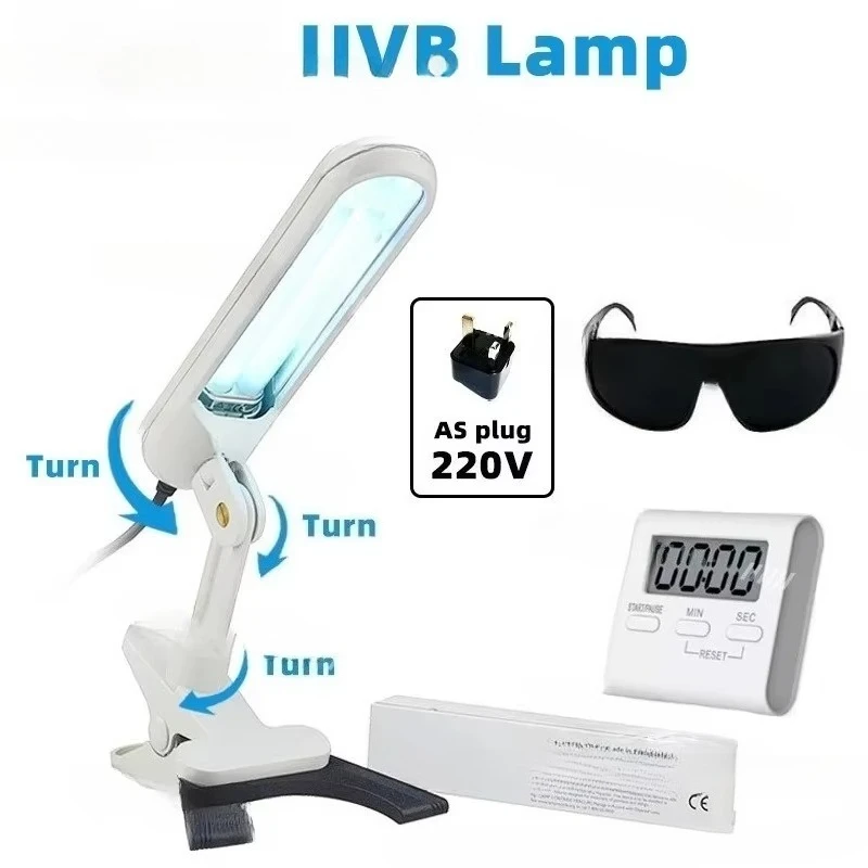 9W UVB 311nm PLS Phototherapy Desk Lamp, 2P Tube Reading Light with EU & UK Plug Skin Treatment Desktop Light