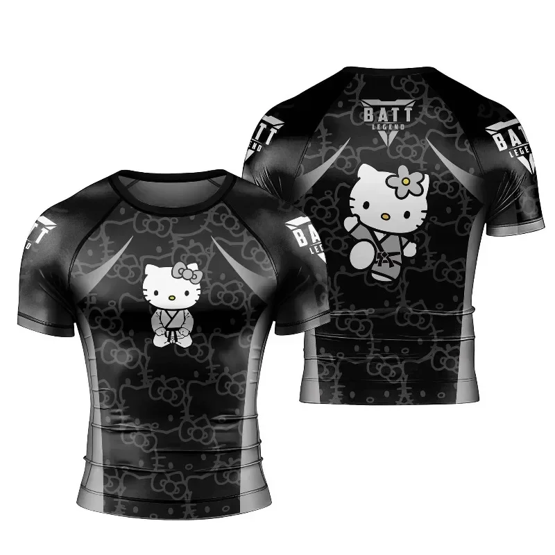Hello Kitty Pink Black Compression Shirt Men Women Short Sleeve Rash Guard Quick Dry Athletic Gym T-Shirt