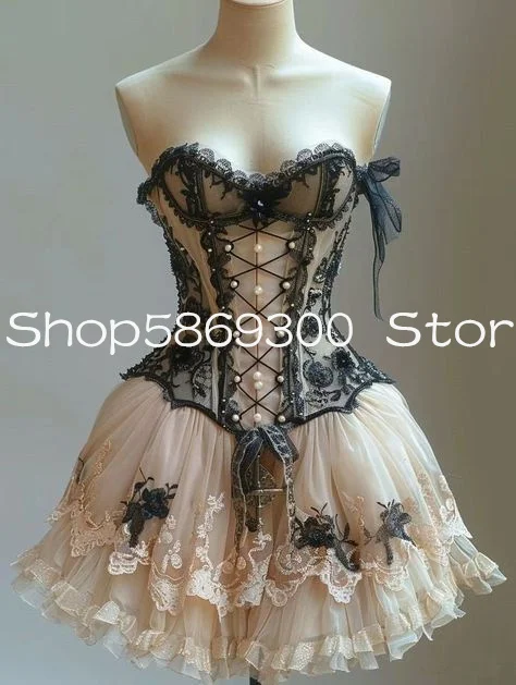 

Champagne Victorian Lolita Short Prom Homeomcing Dresses Sweetheart Corset Lace-up Customsized Rococo Party Gown Cosplay