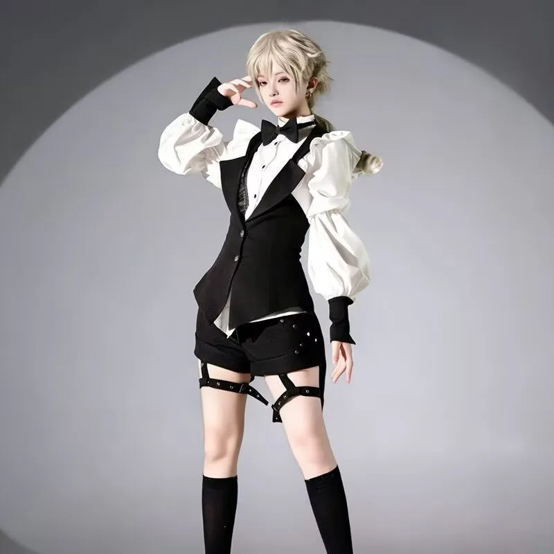 Conjuntos de 3 piezas Lolita para mujer, camisa blanca con lazo gótico, chaleco negro, tops Y2k, pantalones cortos, traje corto informal vintage para parejas