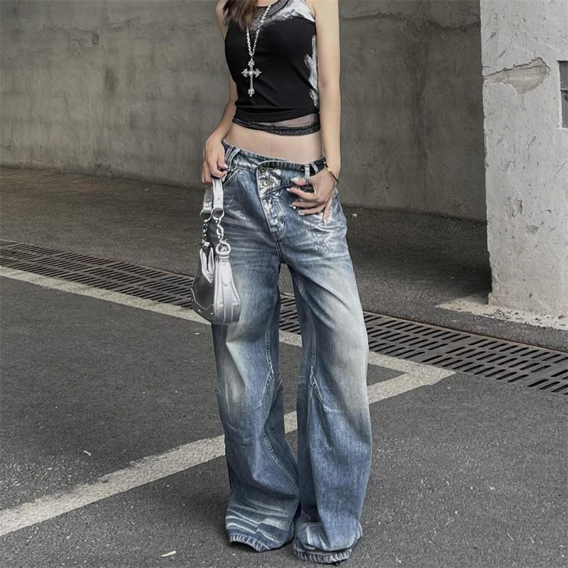 

Women's Irregular Tie Dye Printing Jeans Street Cool Girl High Waist Wide Leg Pants Female Casual Straight Denim Trousers
