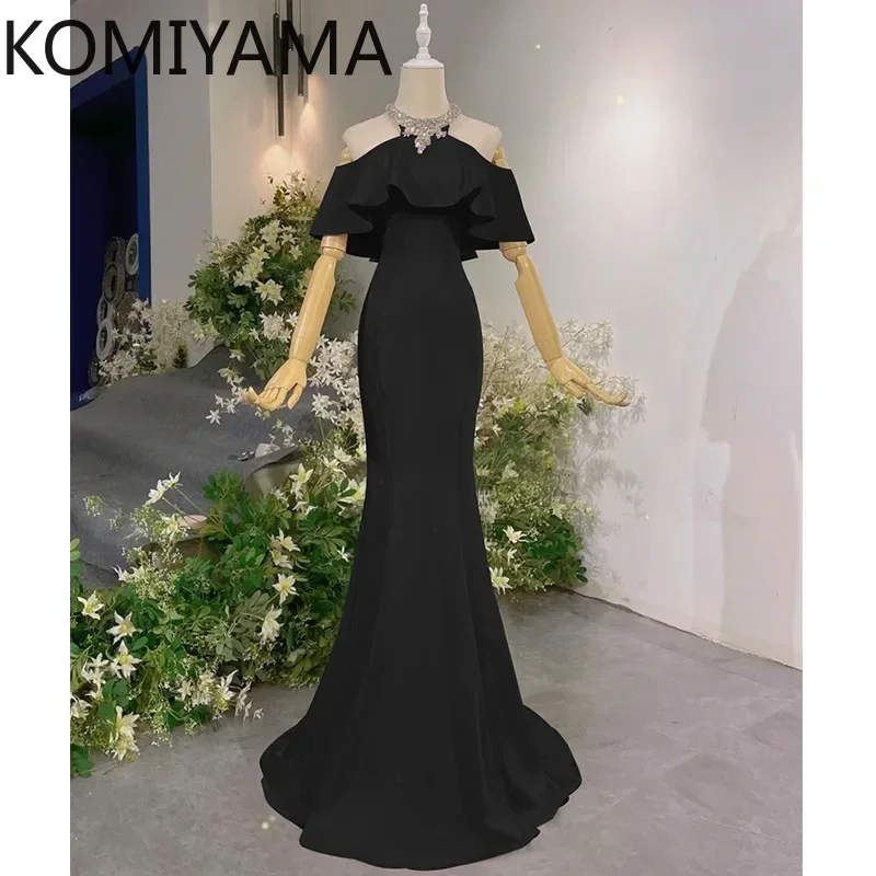 Customized O-neck Beading Design Simple Slim Waist Elegant Wedding Party Dresses Ruffles Shoulder Strapless Prom Dress Trumpet E