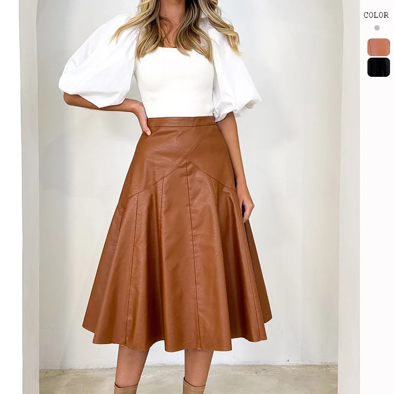 Foreign Trade Women's Clothing Leather Skirt Autumn and Winter New European and American Style High Waist Mid-Length Pleated Ski