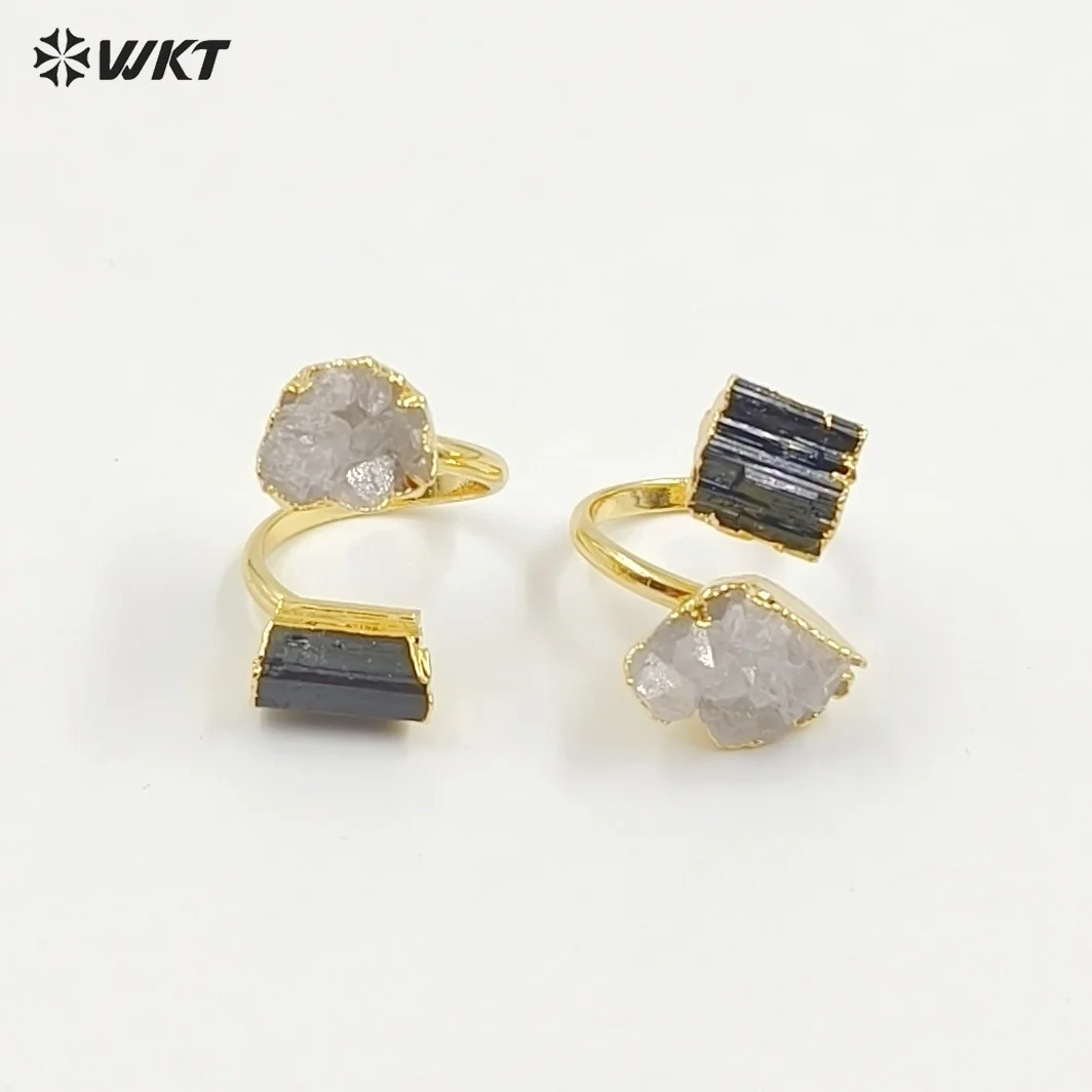 

WT-R495 Amazing WKT New Design Natural Double Stone Druzy Crystal Quart And Black Tourmaline Stone Ring In Adjustable Size