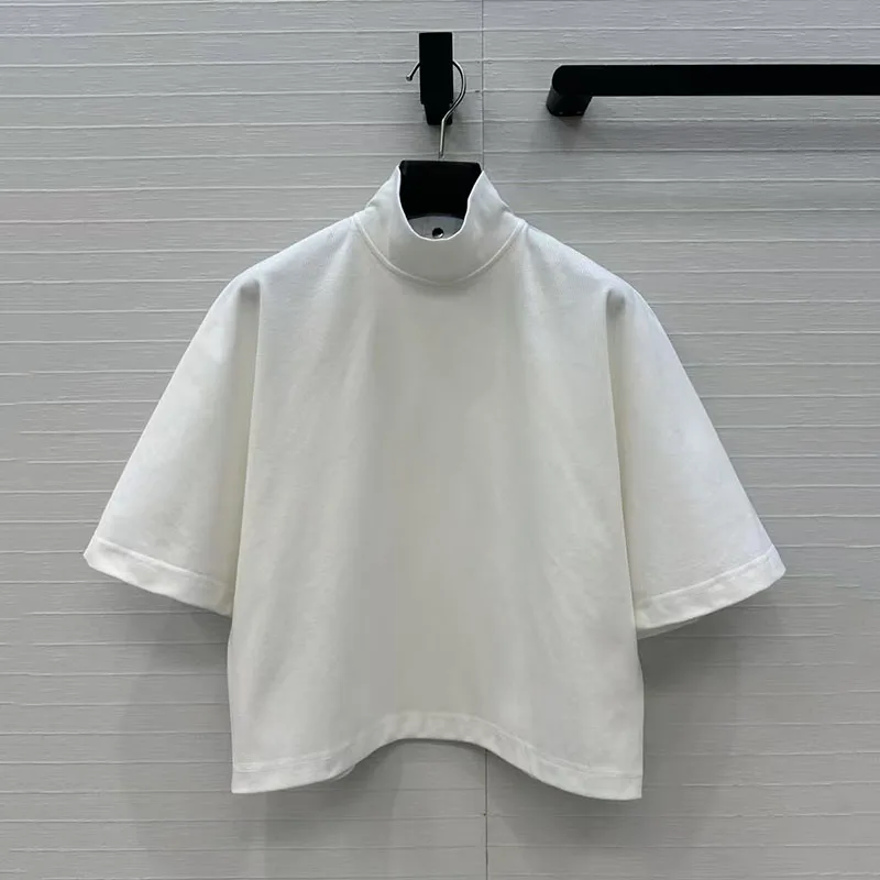 

Women's t-shirt New elastic knitted slim fit short sleeved top for autumn 2025 High quality pure cotton high neck pullover y2k