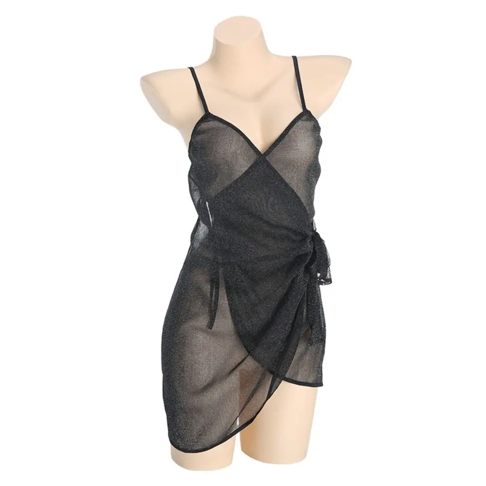 

Comfortable Transparent Shiny Silk Nightgown Sleeveless Women Lingerie Lace Up Nightwear Pleated Deep V Nightdress Girl