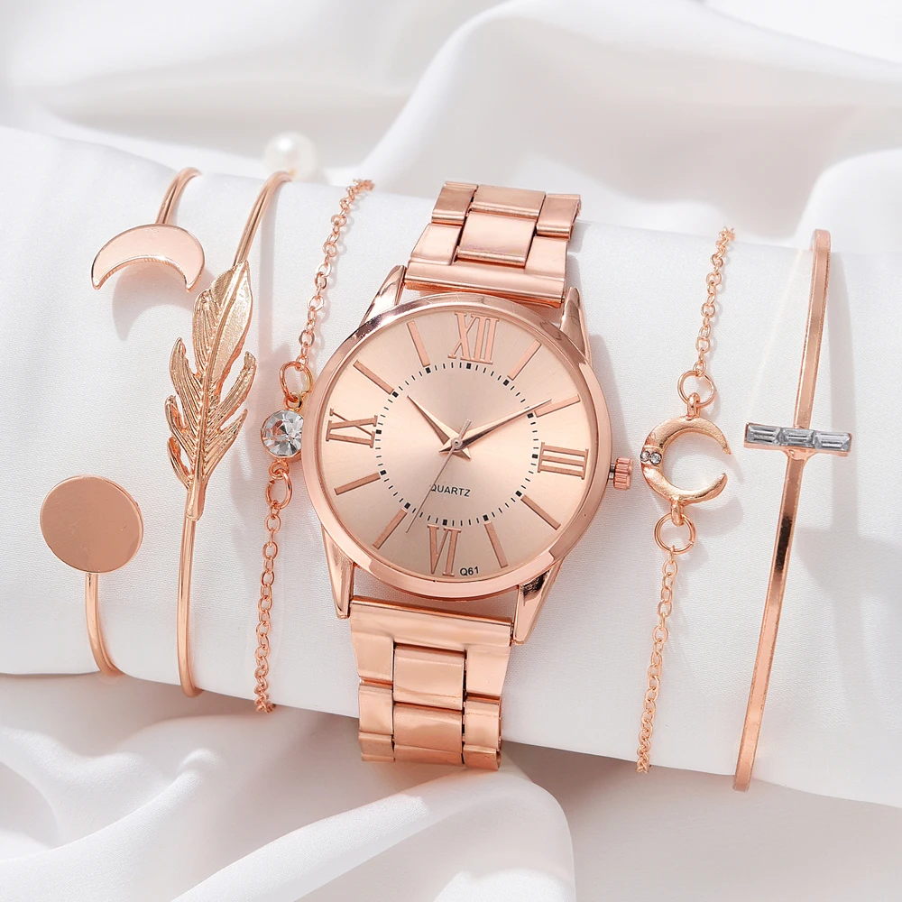 Luxury Women Rose Gold Watch Fashion Ladies Quartz Wristwatch Elegant Female Bracelet Watches Special 6pcs Set Reloj Mujer