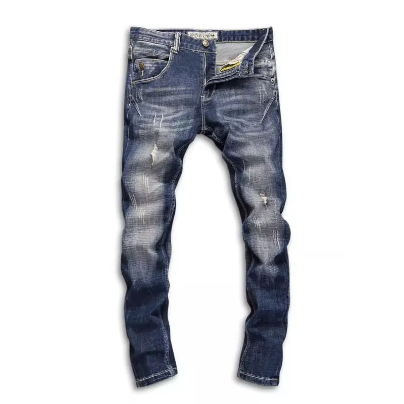 Newly Fashion Men Jeans High Quality Retro Black Blue Stretch Slim Fit Ripped Jeans Men Spliced Designer Vintage Denim Pants