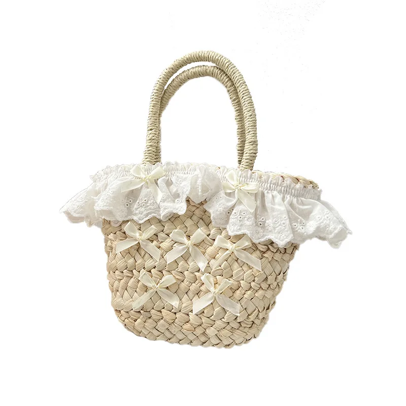 Bolso de mano de punto con lazo de hierba para mujer y niña, bandolera pequeña, cartera para madre e hijo