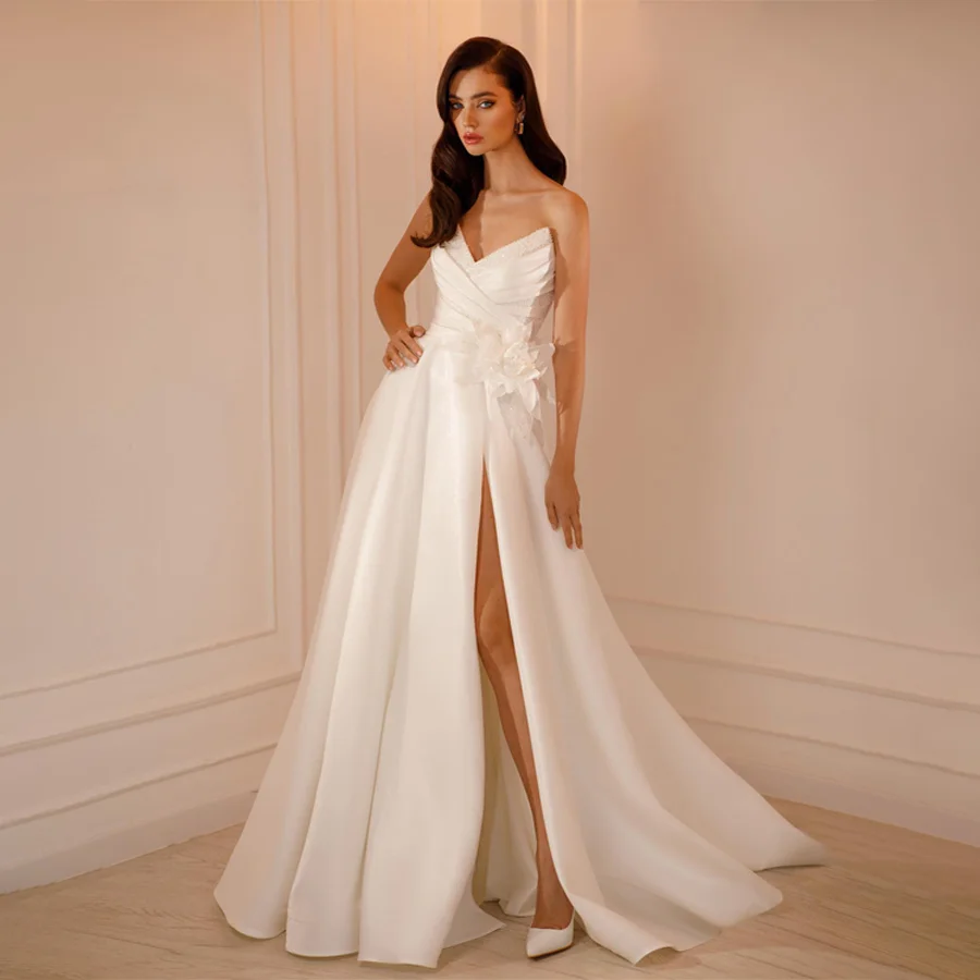 

Off-Shoulder High Splits Satin Wedding Dresses A-line 3/4 Removable Sleeves Backless And Zipper Evening Gowns