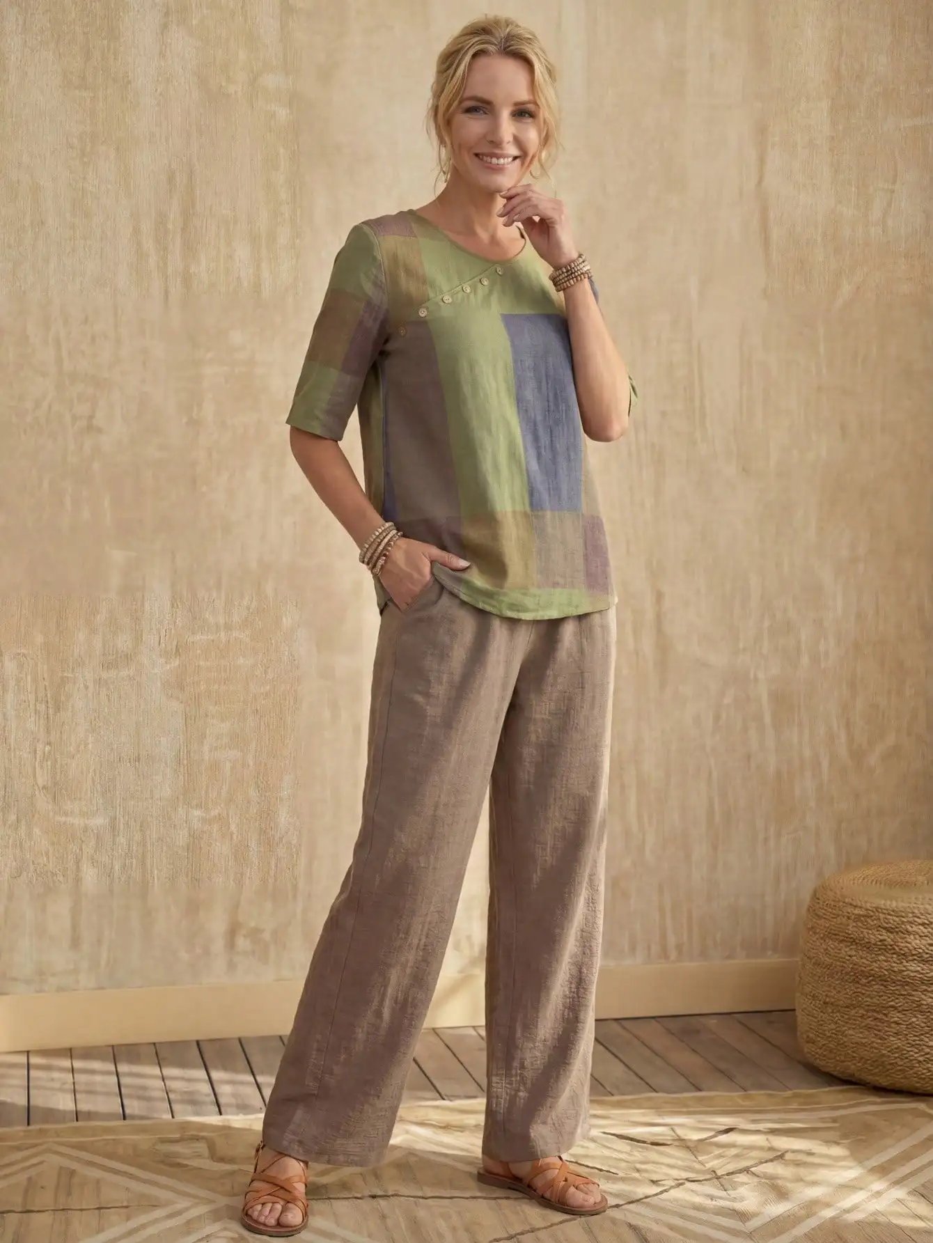 Women's Patchwork Colorblock Button-Front Top & Wide-Leg Pants Set