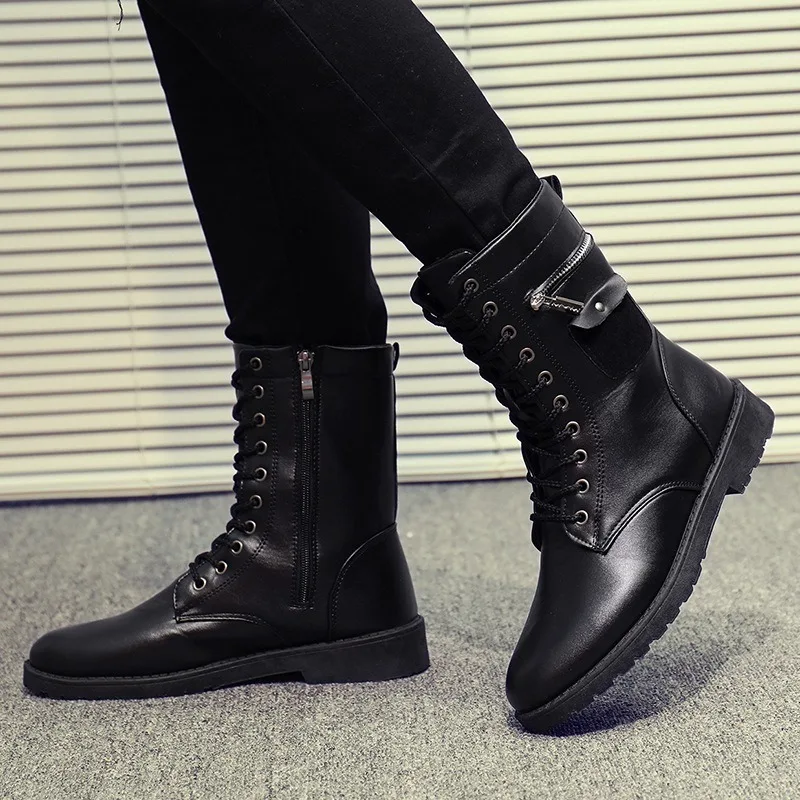 Men's High-top Boots Fashion Motorcycle Boots Metal Side Zip Leather Boot Plush Warm Winter Boots for Men Casual Business Botas - Image 4
