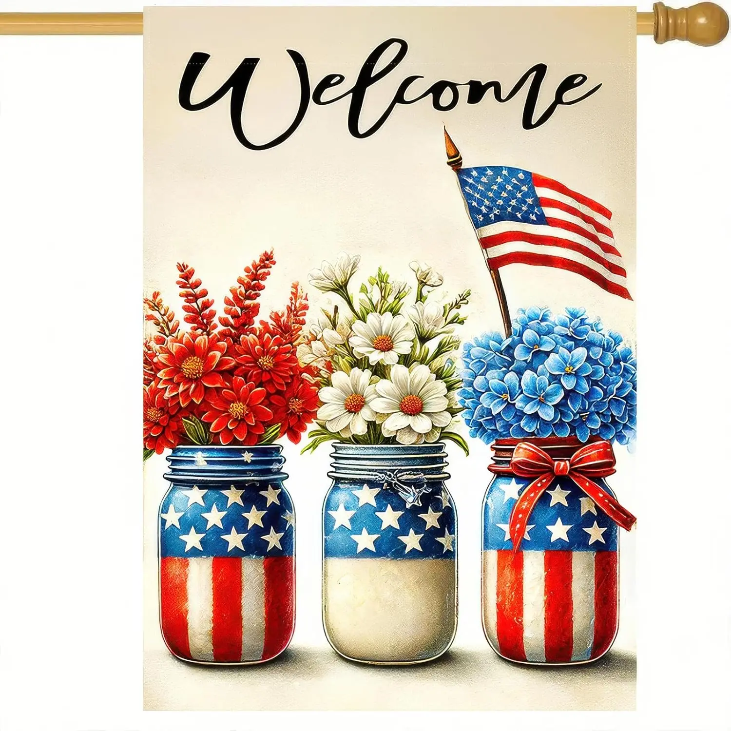 Welcome Garden Flags 12x18 Inch Double Sided 4th of July Mason Jar Flower Garden Flag for Outside American Patriotic Yard Ba EEZ