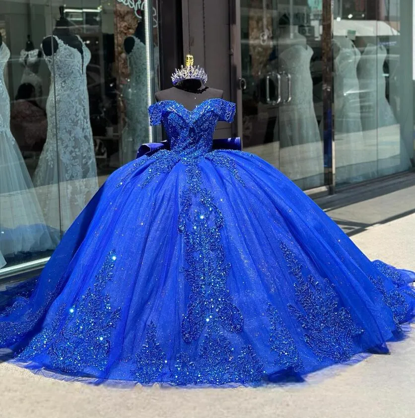 Royal Blue Princess Sparkly Quinceancera Dresses Off Shoulder Gillter Applique Corset vestidos de 15 años quinceañeras chapel