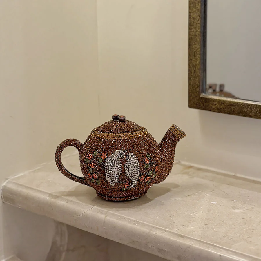 porcelain teapot full of diamonds clutch bag retro national style pattern temperament dinner niche eye-catching banquet bag