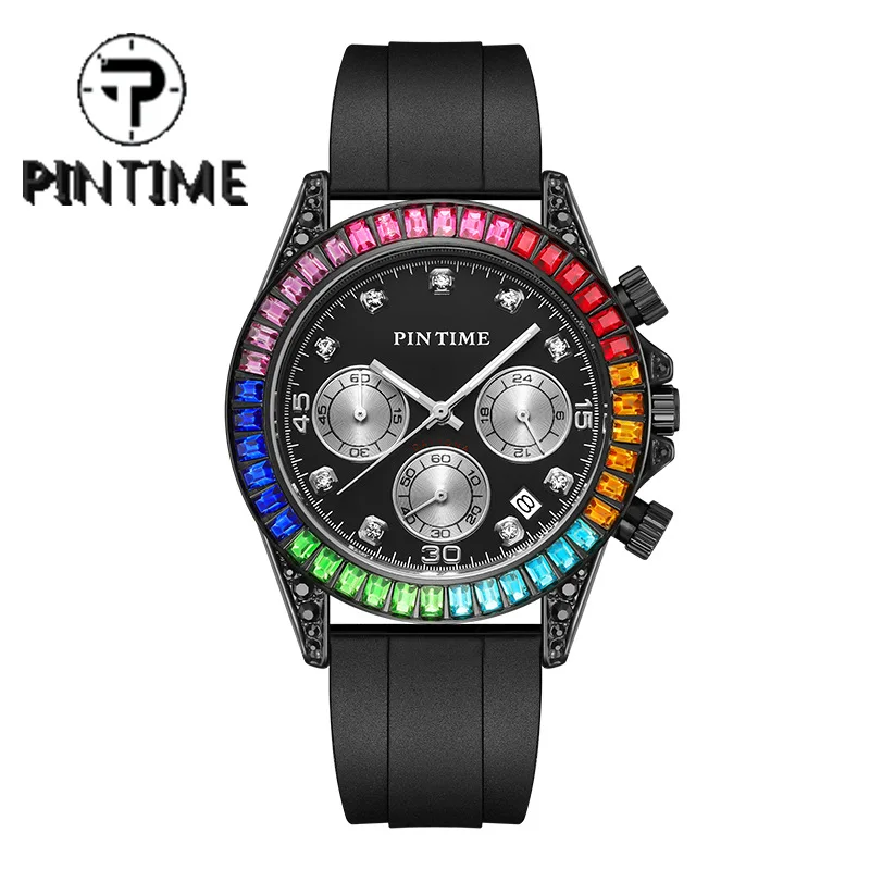 PINTIME Watch for Men Iced Out Colored Diamonds Case Silicone Strap Fashion Sports Quartz Wristwatch Waterproof Relogios Hombre