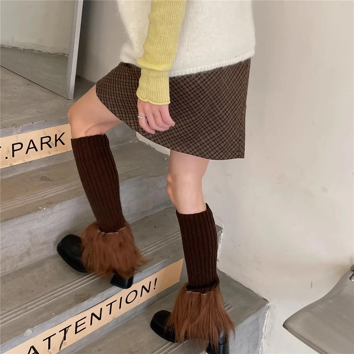 1 Pair Stacked Socks Handmade Spicy Girl Millennium Style Hairy Knitted Splicing Y2k Subcultural Socks For Warmth Autumn Winter
