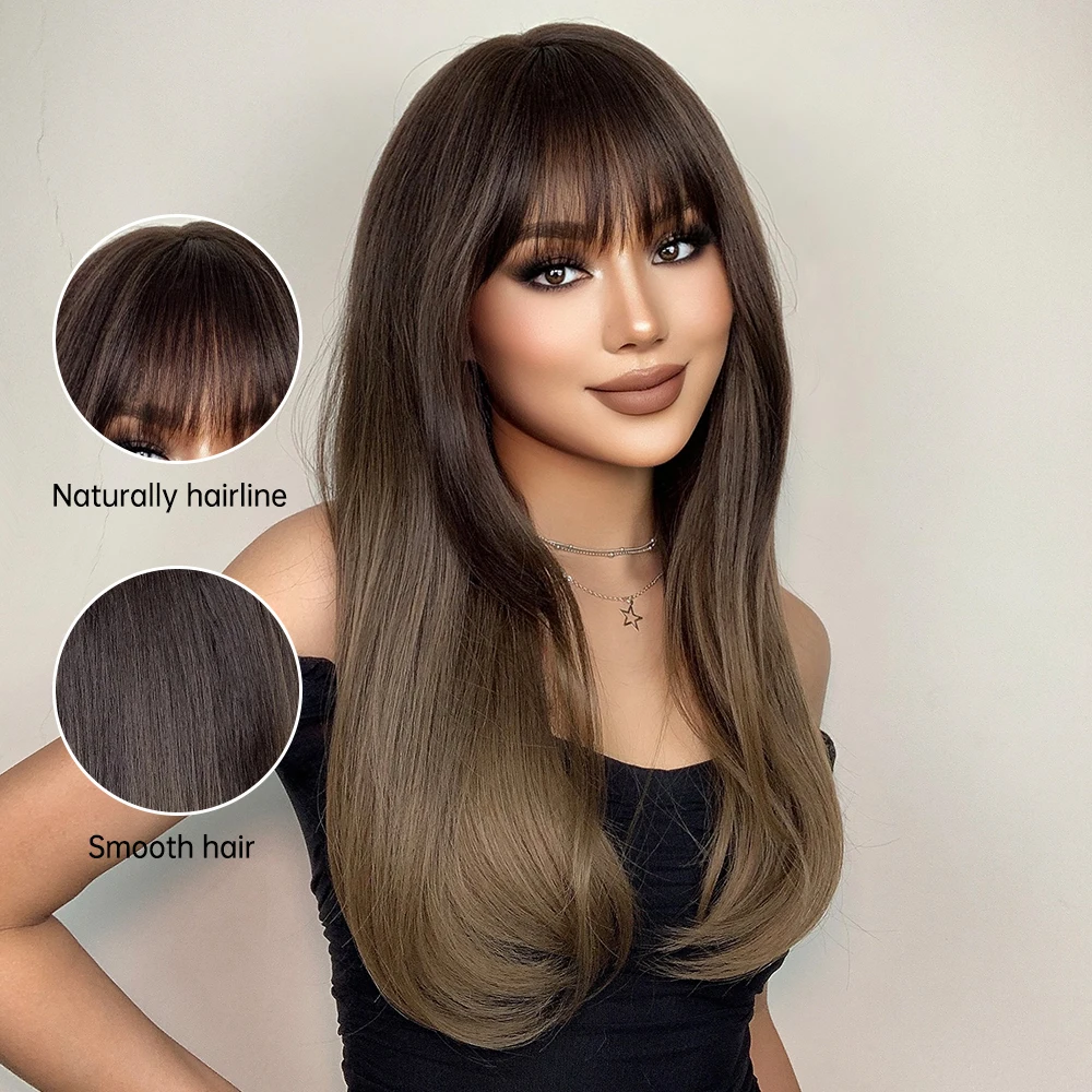 HENRY MARGU Long Staight parrucche sintetiche Dark Black Brown Ombre Hair With Bangs For Black Women Daily Cosplay parrucche resistenti al calore