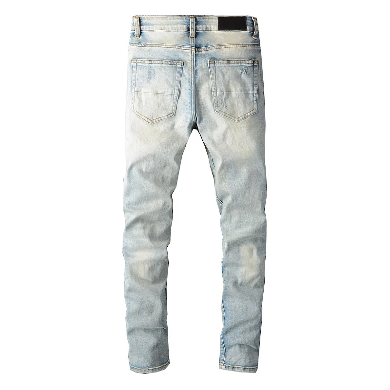 Men's High Street Classical Light Blue Distressed Letters Embroidered Skinny Stretch Ripped Jeans