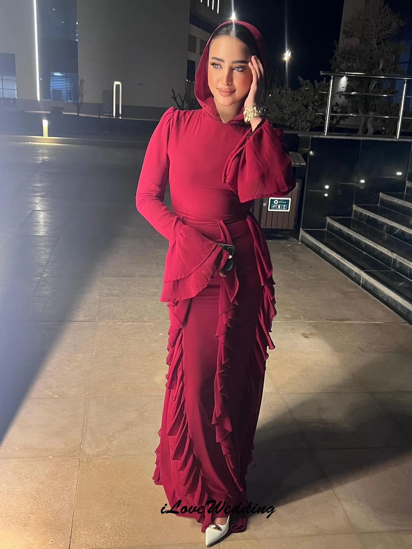 Robes de bal à manches longues en mousseline de soie rouge 2025 robes formelles volants robe de soirée robe de soirée de mariage pour les femmes invité Gala personnalisé