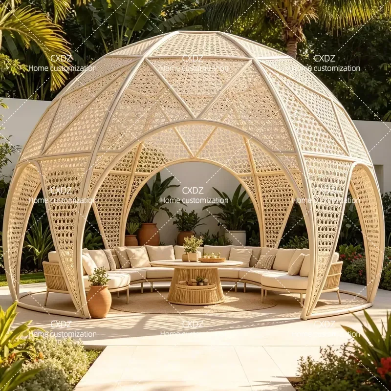 Outdoor Rattan Dome Gazebo Spherical Awning for Villa Courtyard Garden Landscape Decoration Weatherproof Patio Shelter