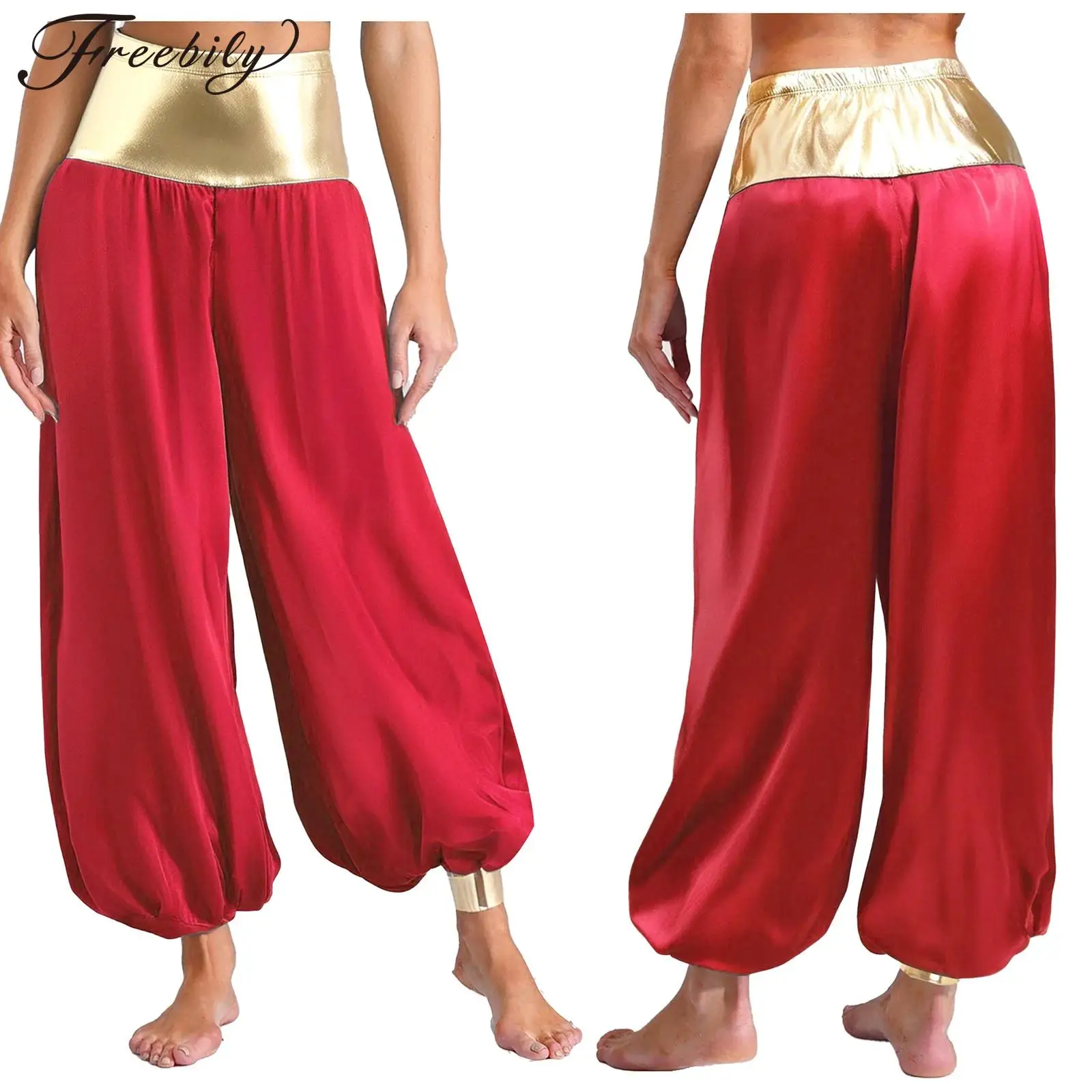 

Женский костюм на тему Хэллоуина, карнавал, арабская принцесса, волшебный хиппи, карнавальный костюм, металлические блестящие атласные свободные шаровары, брюки