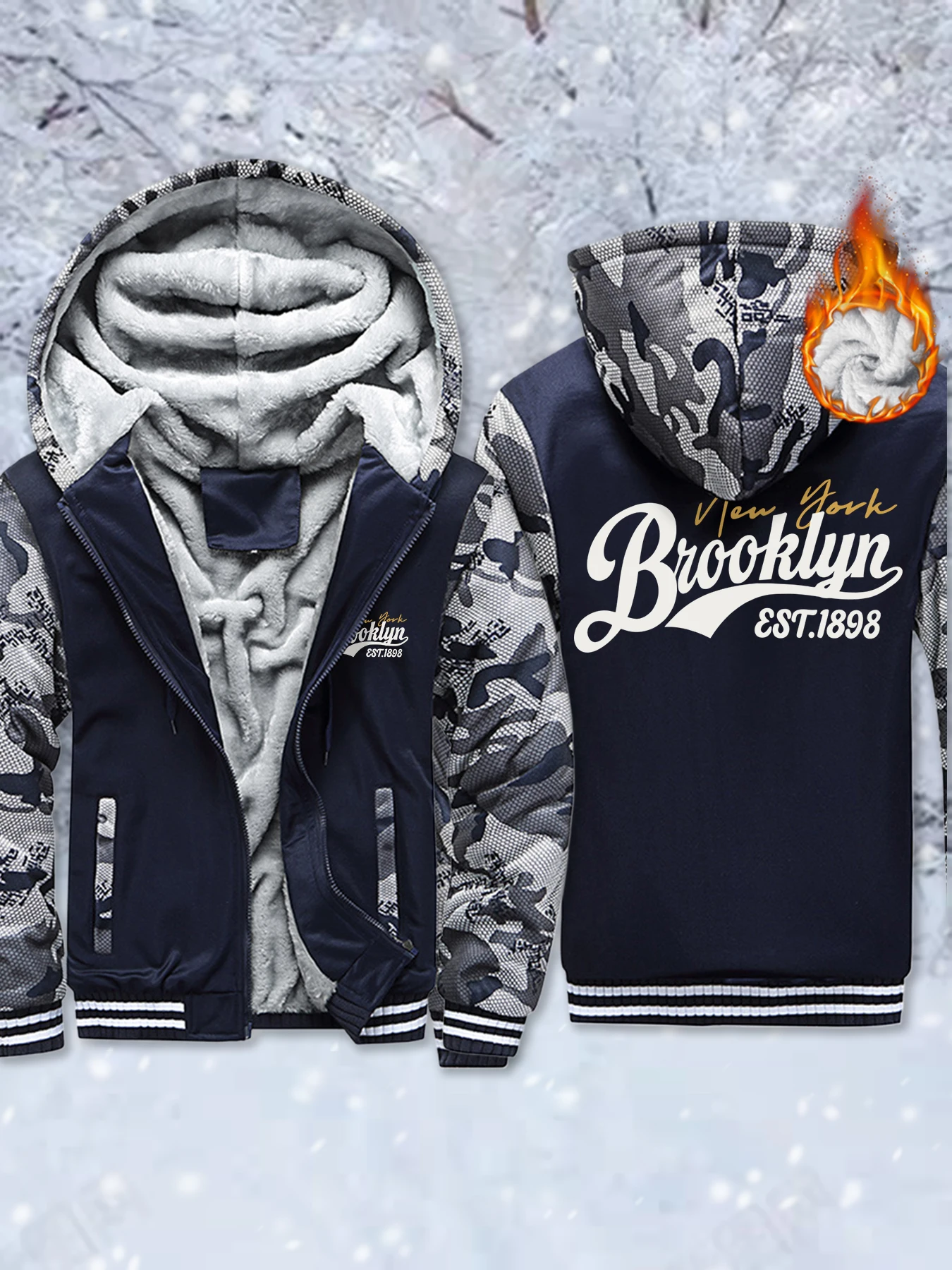

Brooklyn New York 1898 Pattern Mens Streetwear Jacket Fashion Zipper Hoodies Thick Casual Hoodie Soft Warm High Quality Clothing