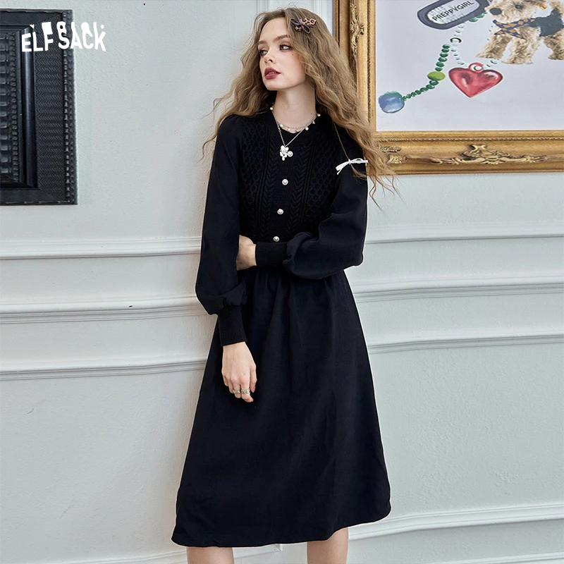 

ELFSACK 2025 Winter New Arrivals Elegant Halloween Knitted Long Lantern Sleeve Round Neck Maxi Dress For Woman