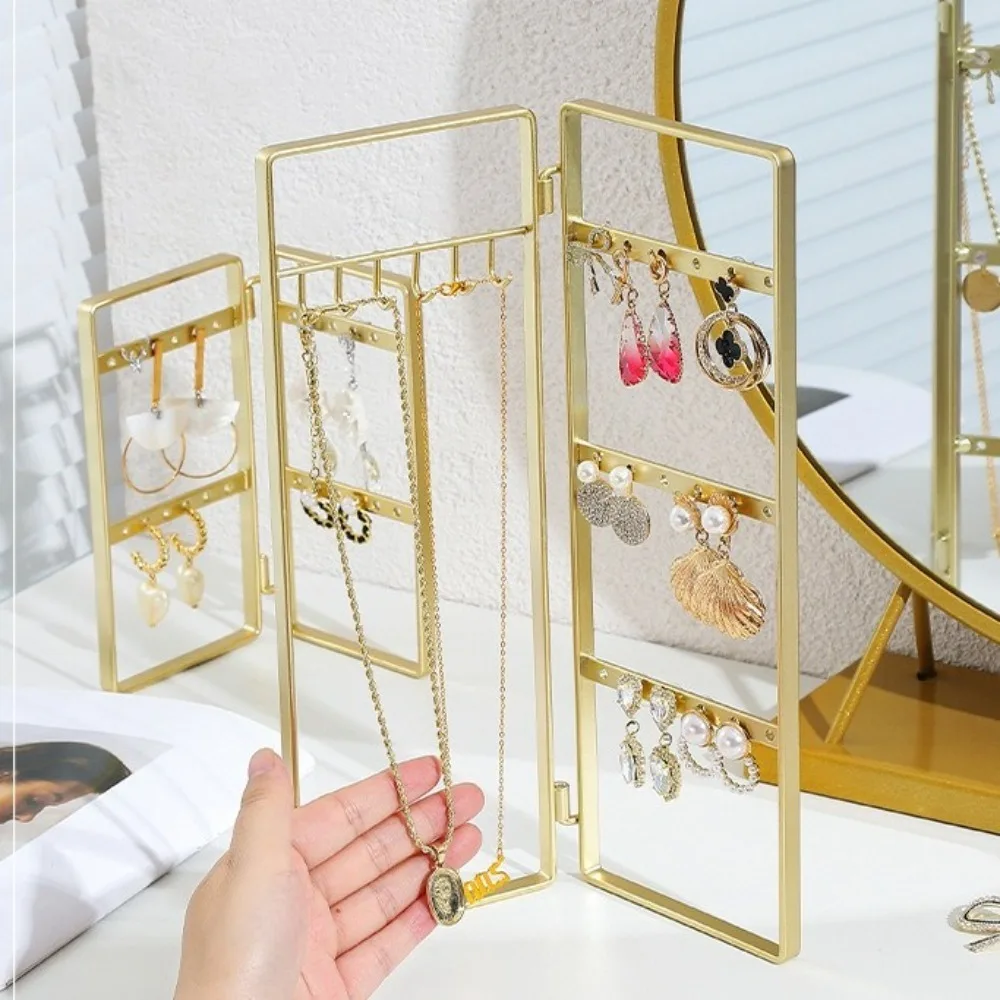 Foldable Jewelry Rack Nordic Style Multi-hooks Necklace Display Stand Gold Space Saving Earrings Storage Shelf Jewelry Packaging