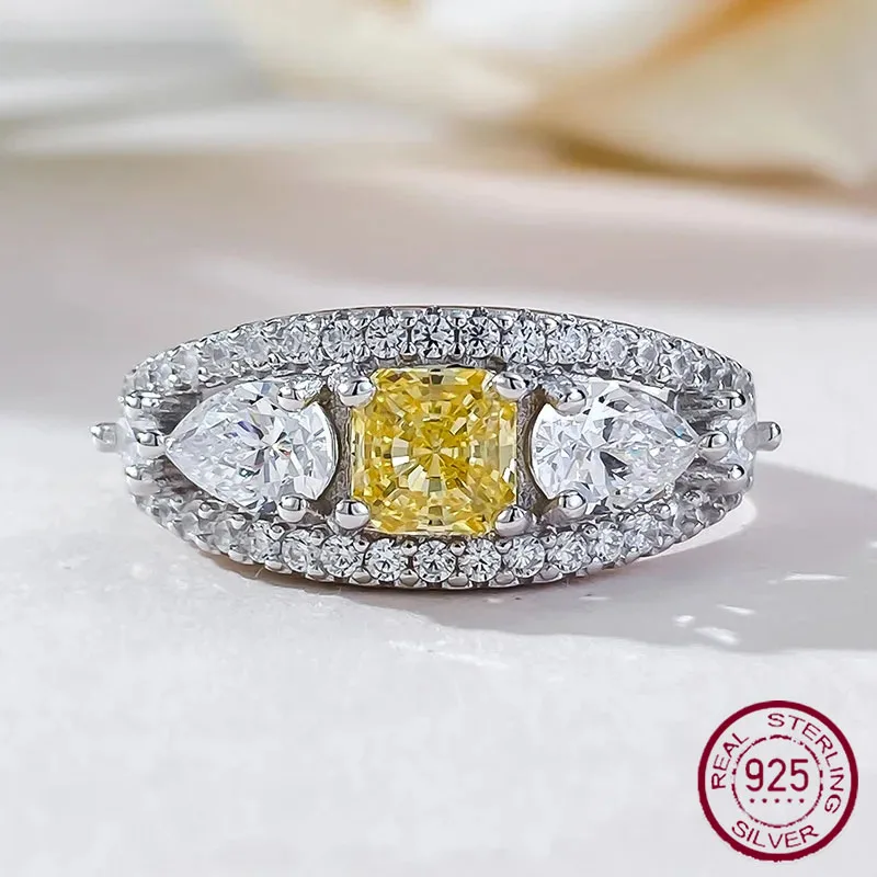 Longlong Gold Jewelry Live Broadcast S925 Silver Ice Flower Cut High Carbon Diamond 5 * 5 Yellow Diamond Light Luxury