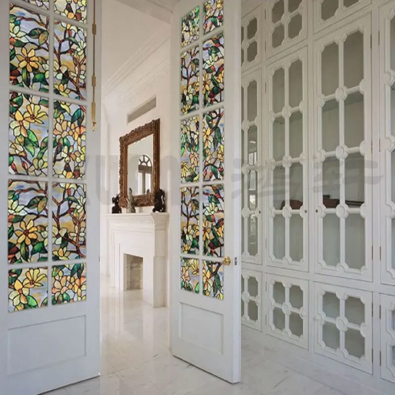 Newest Magnolia Stained Glass Window Film Privacy film for Bedroom Static Cling Art Decorative Film Wedding home decoration