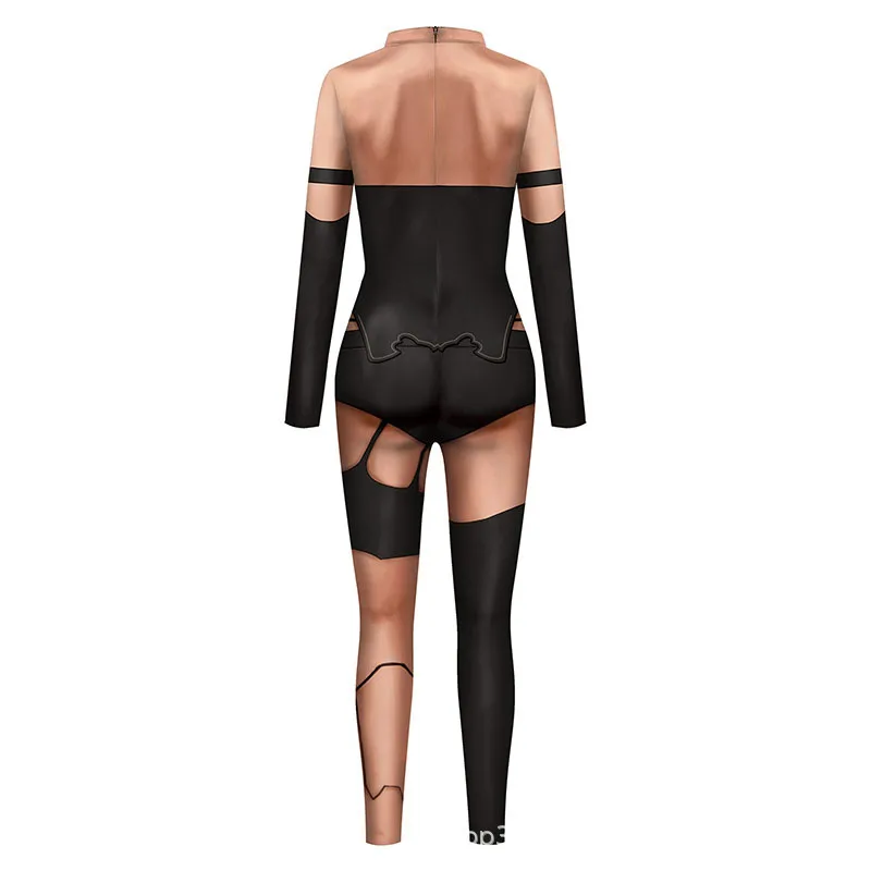 Halloween Sexy Damen Kostüm mit Digitaldruck, Karneval Bodysuit mit Reißverschluss, Party Cosplay Jumpsuit Outfit – Detail 30