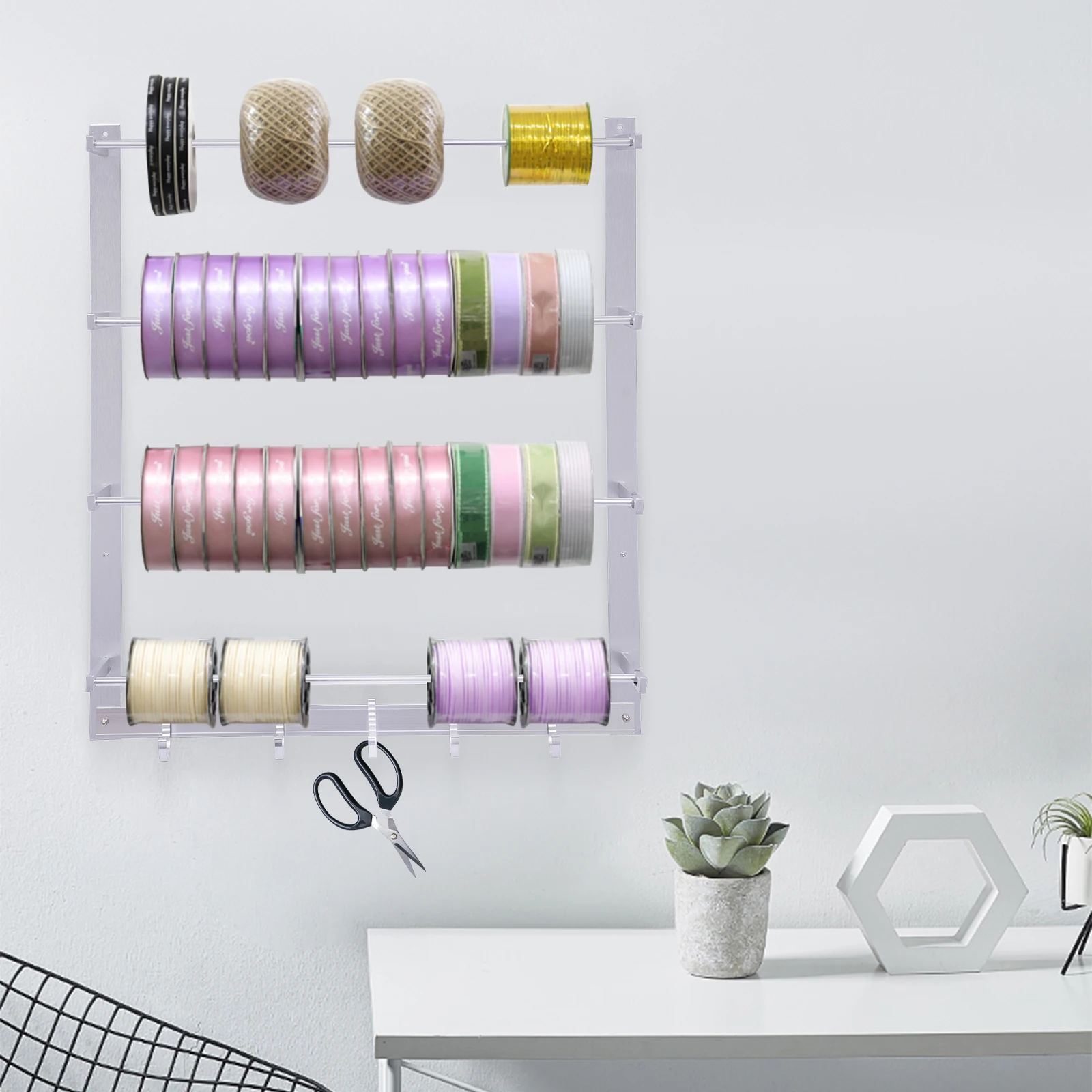 Wall Mount Ribbons Roll Storage Rack Ribbon Organizer Wire Rack 4 Rods Wire Spool Rack Thread Holder Organizer