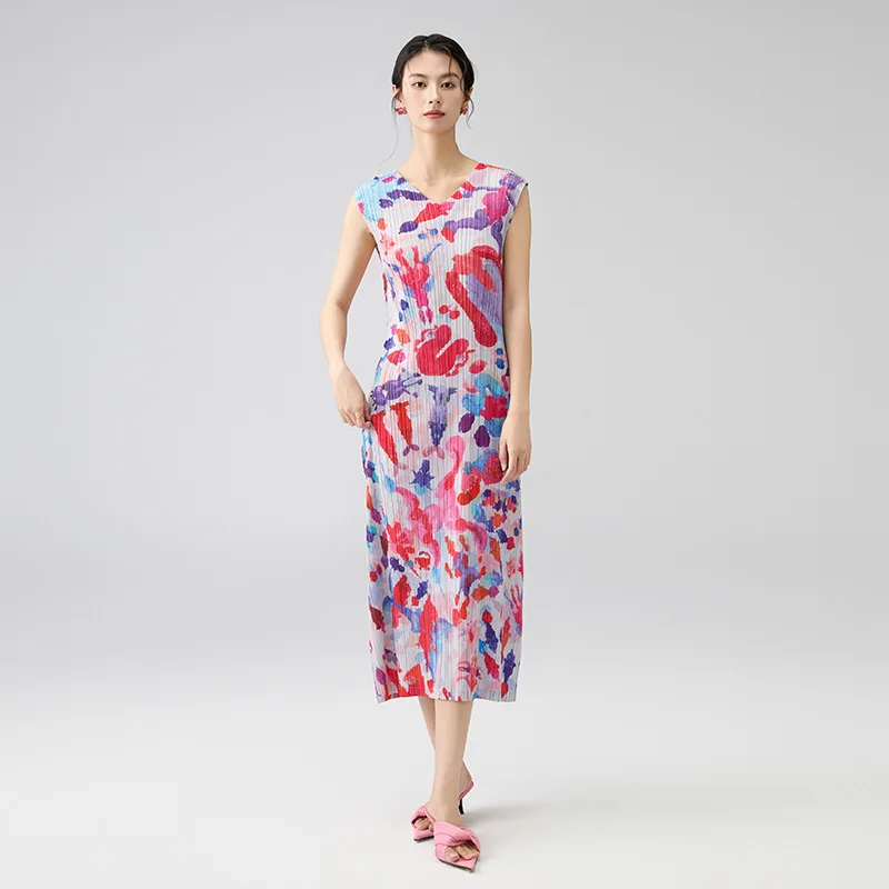 

Miyake Pleated Print Dress 2025 Summer New Senior Sense of Temperament Sleeveless Fashion Slim Thin A-line Skirt