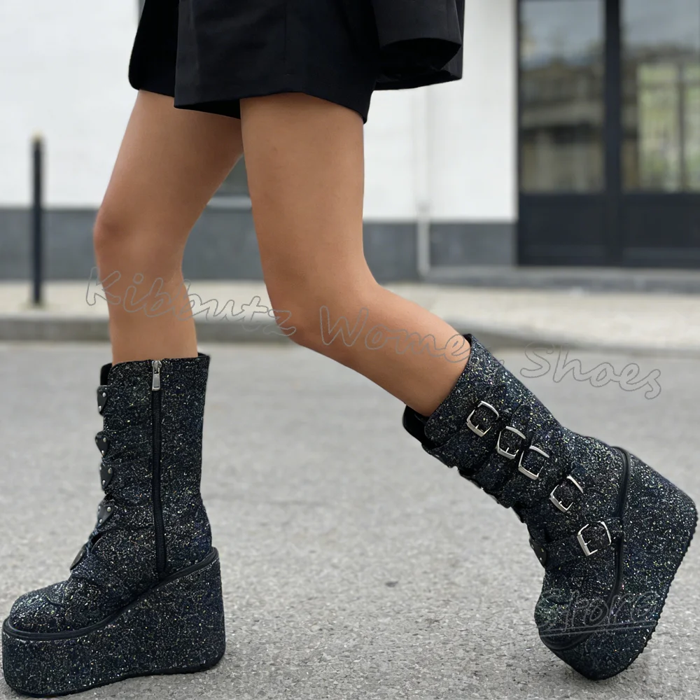 

Bling Belt Buckle Boots Knee High Platform Glossy Women Shoes Round Toe Thick Bottom Fashion Novelty Elegant Luxury Concise New