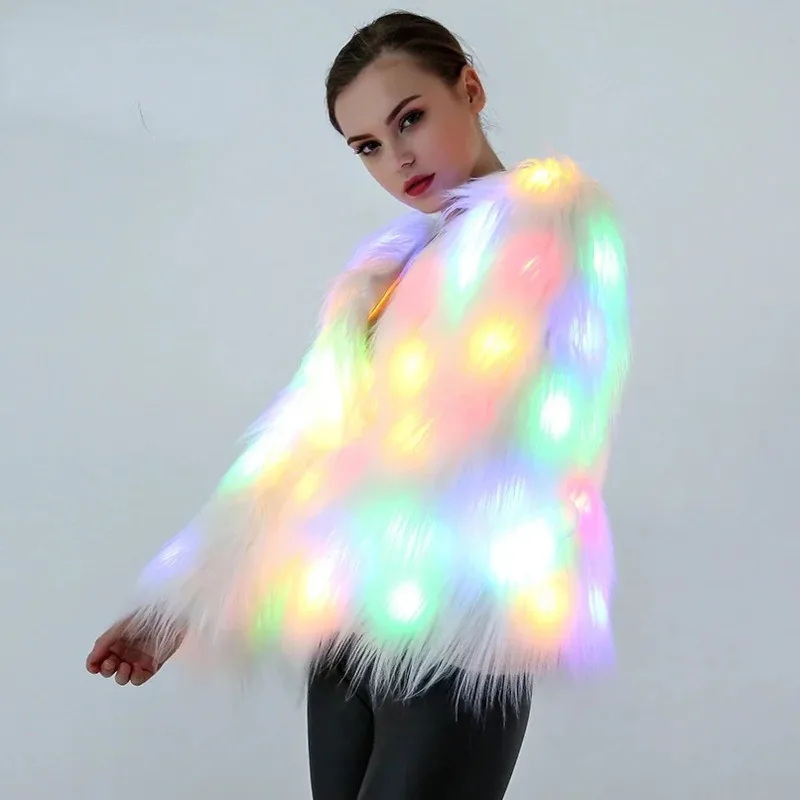 Faux Fur Coat For Women Valentine Cosplay LED Multi-Color Warm Hoodie Vest Shiny LED Jacket Light Up Dance Costume