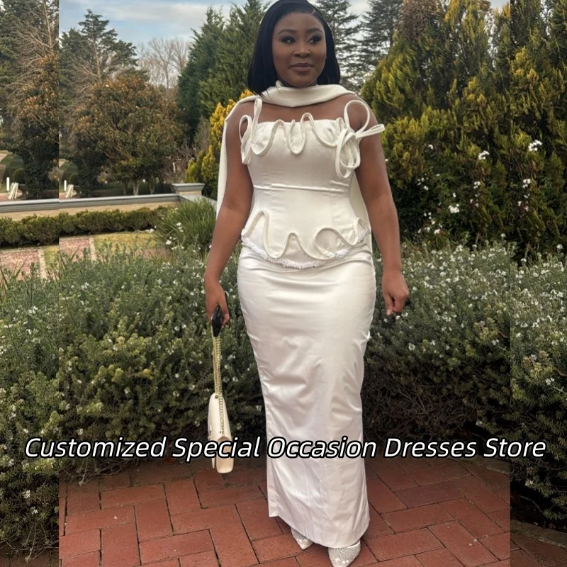 

White Satin Strapless Evening Dresses For Nigerian Girls Designed Luxury Beading Wedding Party Dress Formal Prom Gown Customized
