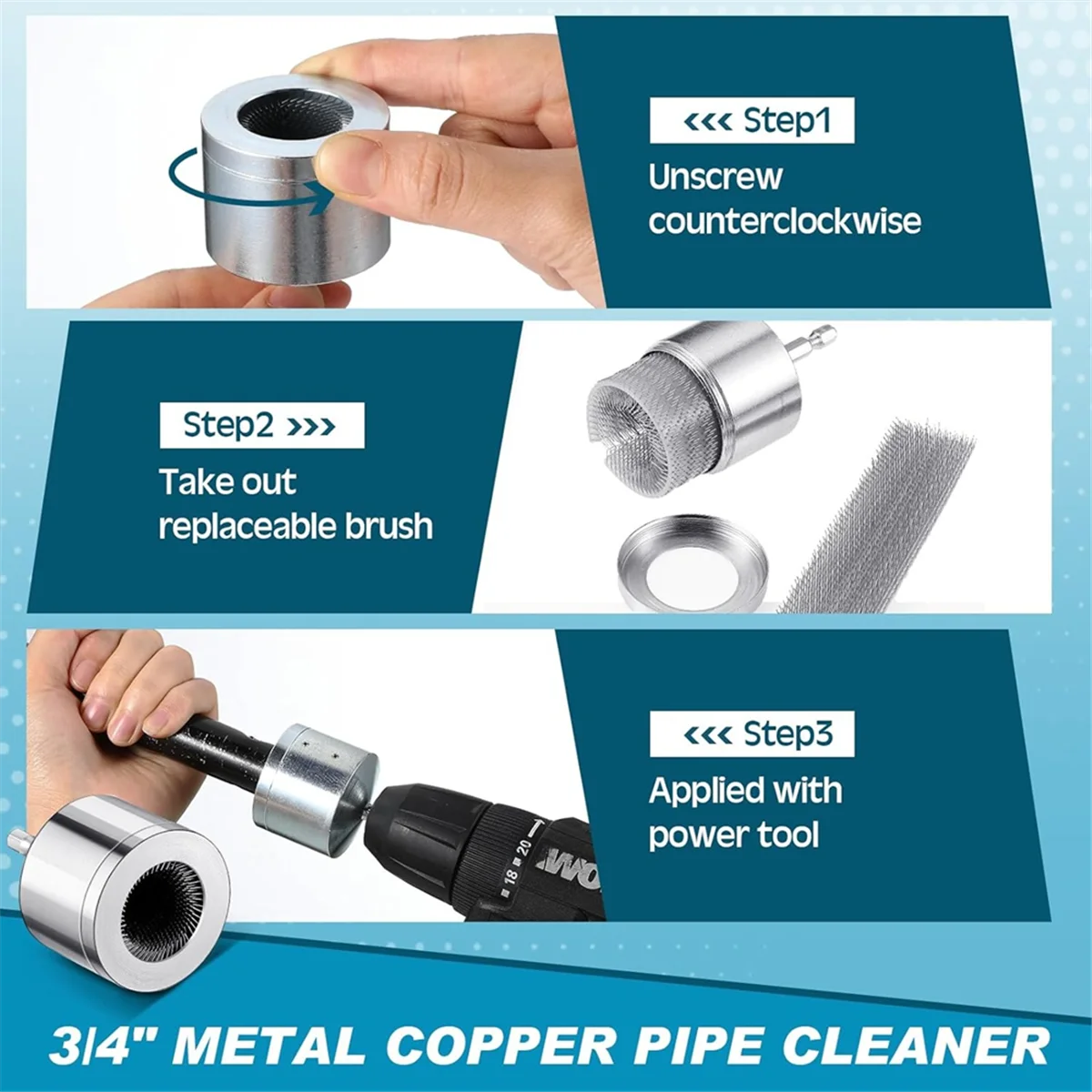 2 แพ็คโลหะทองแดงท่อทําความสะอาด 2 แปรงเปลี่ยนได้แปรงทําความสะอาดหลอดสําหรับเจาะไฟฟ้า (1/2 นิ้ว, 3/4 นิ้ว)