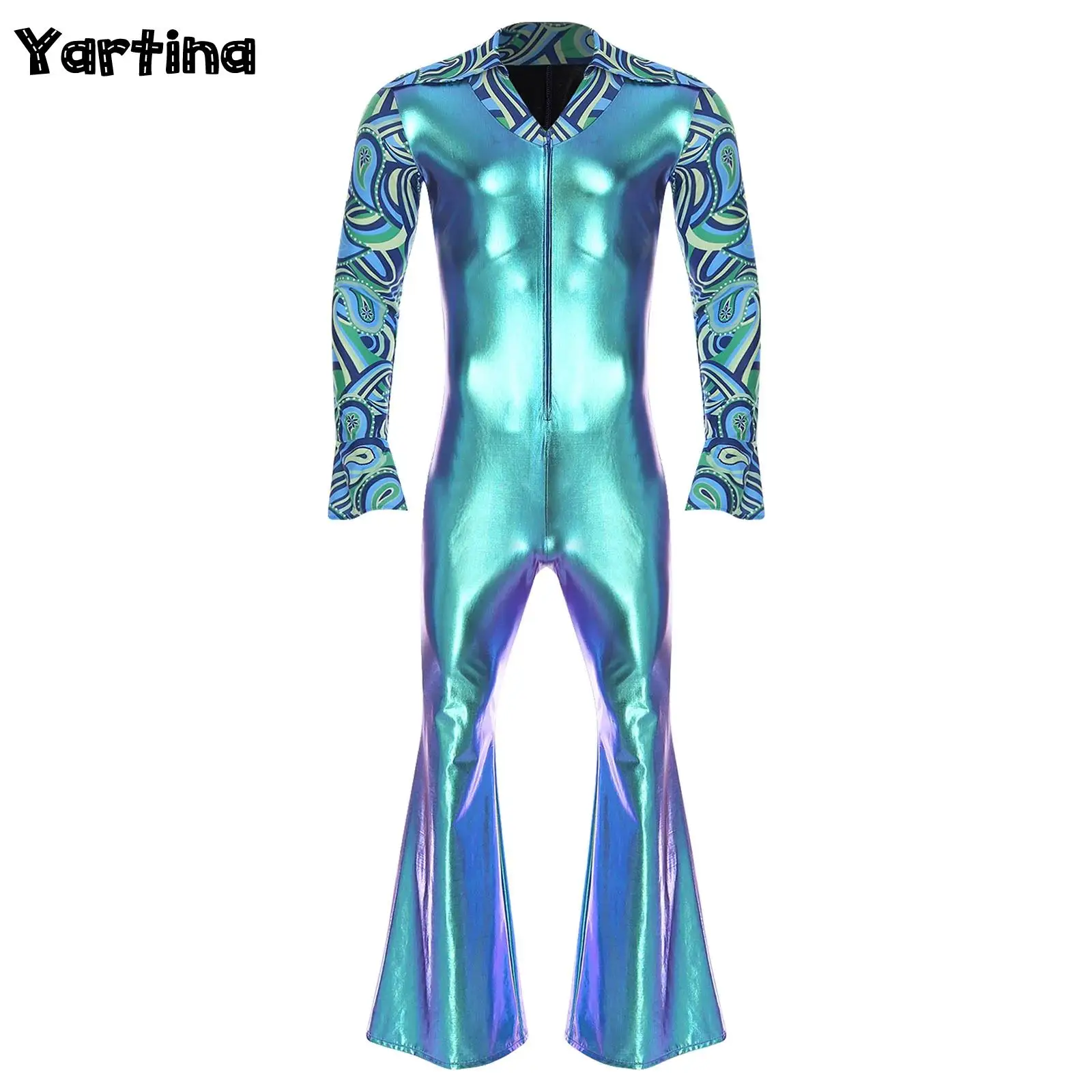 Mens 80s Disco Hippie Rompers Flare Long Sleeve with Split Cuffs Bell Bottom Pants Jumpsuit Rock Jazz Performance Costumes